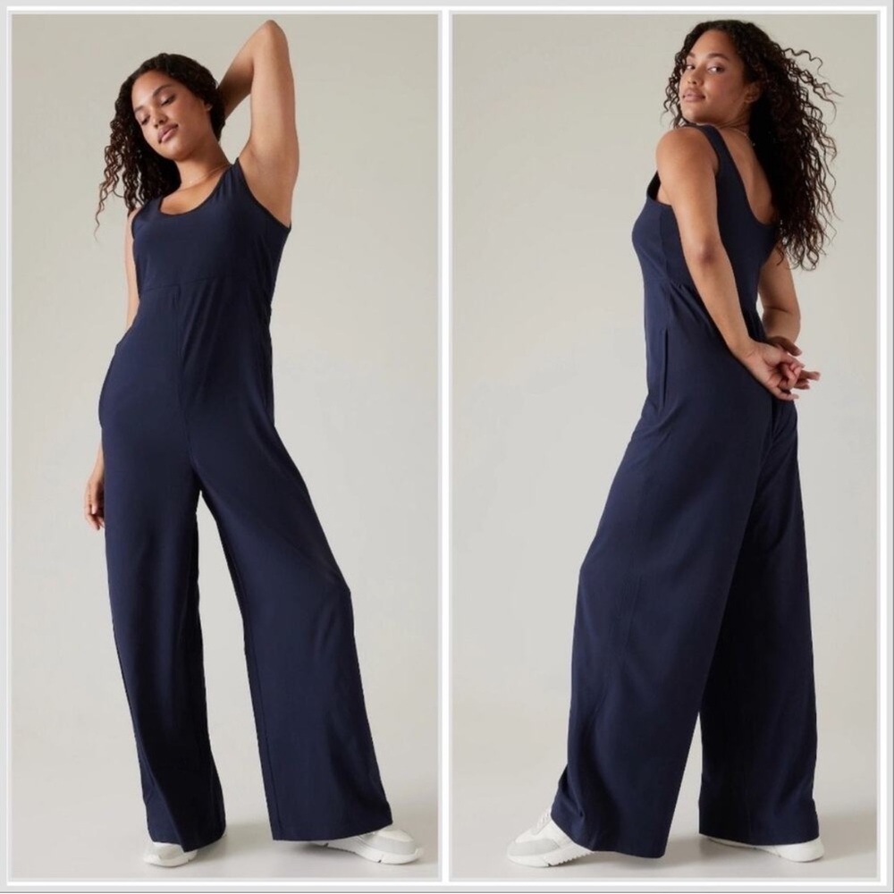 Athleta Navy wide leg romper with pockets
